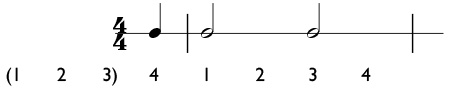 Example of a one beat pickup note in 4/4 time