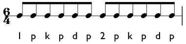 6/4 time in compound meter with the dotted half note equal to one beat