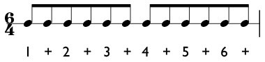 6/4 time signature in simple meter with the quarter note equal to one beat